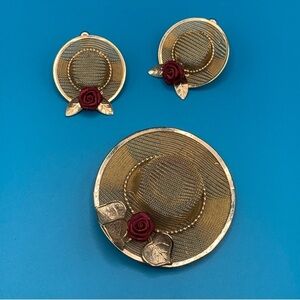 Vintage Mesh Wide Brim Hats Red Roses Brooch Earrings Set Gold Tone Cottagecore